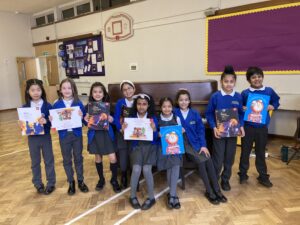 School-children around an upright pianio
